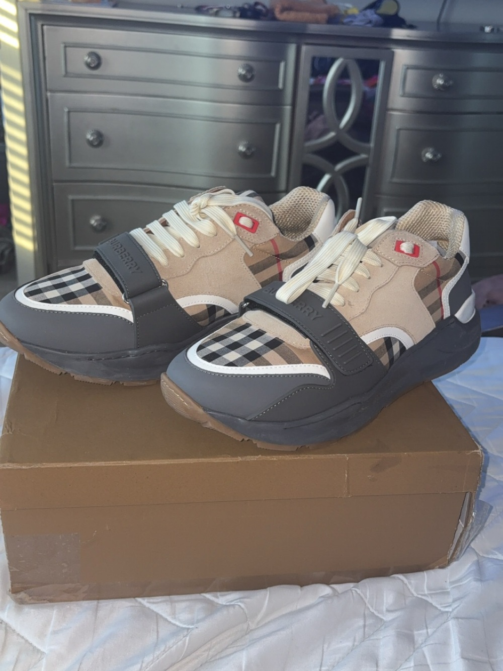 Burberry Beige, Gray & Black Check Kids Sneakers - Picture 5 of 6
